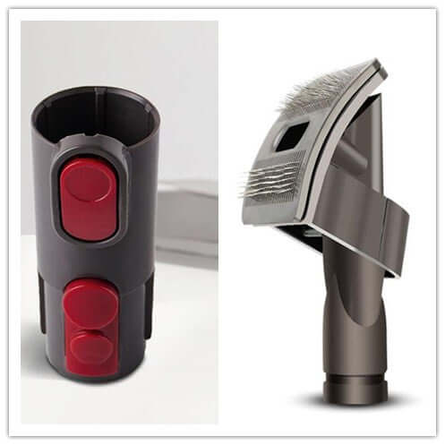 Pet grooming brush tool vacuum attachment for easy shedding cleanup 🐾✨. Convenient design with buttons for effortless use!